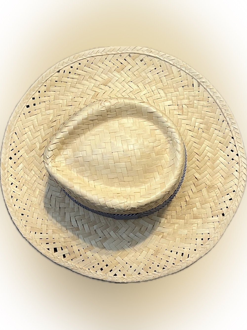 Woven Straw Sun Hat Natural Beige Blue White Diagonal Stripe Band Headwear